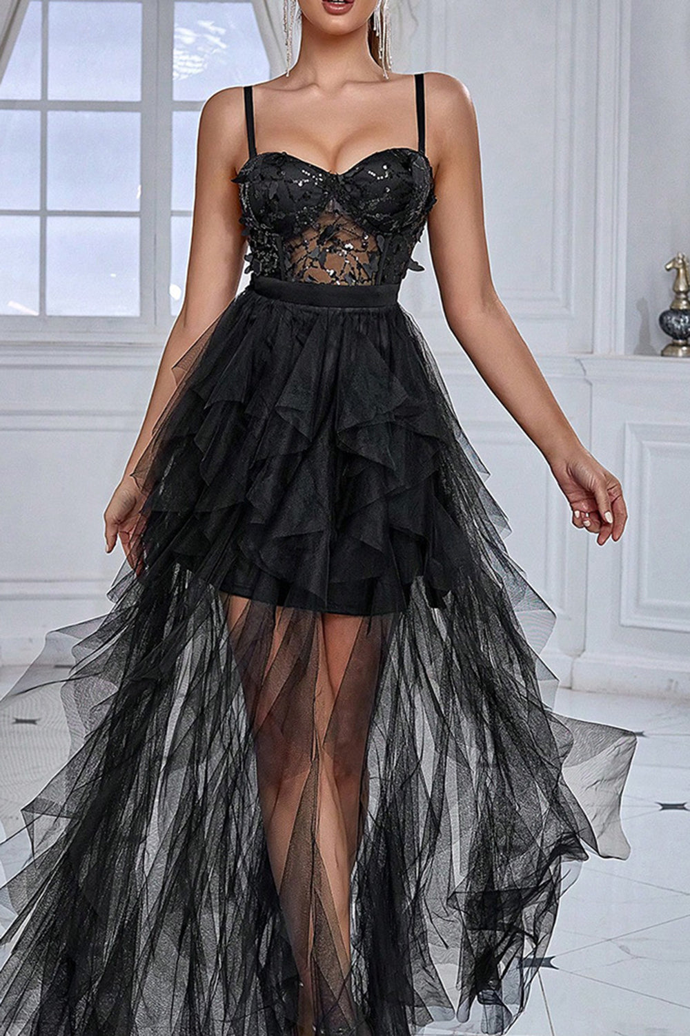 Ball Gown Sweetheart Spaghetti Straps Black Sparkle Prom Dress Formal –  SQOSA